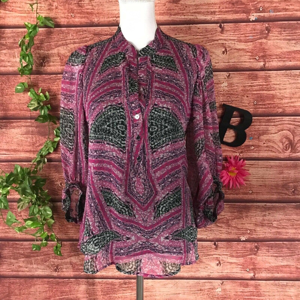 Diane Von Furstenberg Blouse size 4 Pink Purple Black Sheer Career Wedding Slim